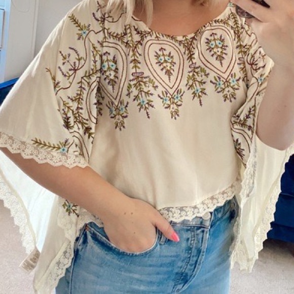 Free People Tops - Free People Cropped Embroidered Floral Cream Blouse | XS